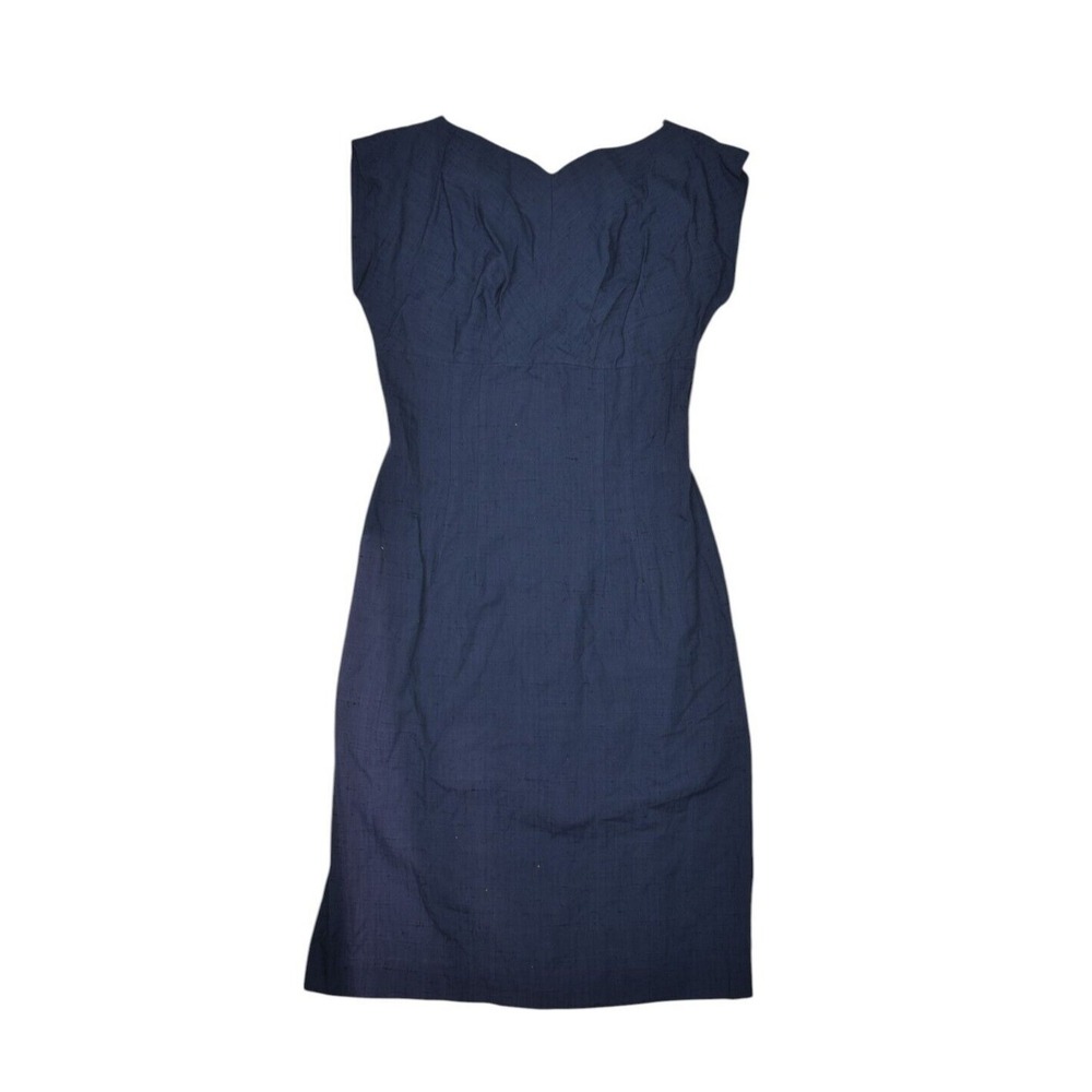 Vintage 60s Dress Womens Medium Navy Sleeveless Textured A Line Shift House Zip
